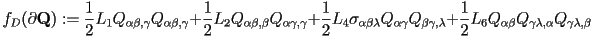 f_D(\partial \mathbf{Q}):=\frac{1}{2}L_1 Q_{\alpha\beta,\gamma} Q_{\alpha\beta,\gamma} + \frac{1}{2}L_2 Q_{\alpha\beta,\beta} Q_{\alpha\gamma,\gamma} \\ +\frac{1}{2}L_4\sigma_{\alpha\beta\lambda}Q_{\alpha\gamma}Q_{\beta \gamma,\lambda}+\frac{1}{2}L_6 Q_{\alpha\beta}Q_{\gamma\lambda,\alpha}Q_{\gamma\lambda,\beta}